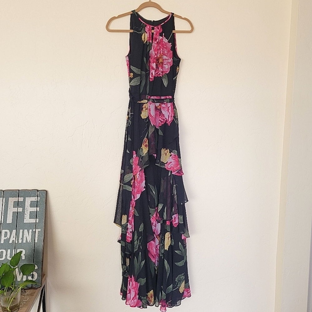 Tahari Asl Floral Ruffle Maxi Dress